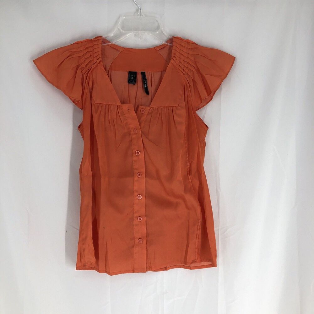MNG Suit Bright Orange Button Blouse, Flutter Short Sleeve Size 4